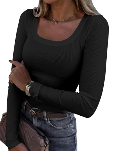 Titimiss Damen U-Ausschnitt Pullover Herbst Stretch Langarmshirt Eng Rippshirt Oberteile Pulli Slim Fit Basic Tops A Schwarz XXL von Titimiss