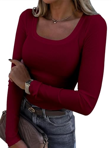 Titimiss Damen U-Ausschnitt Pullover Herbst Stretch Langarmshirt Eng Rippshirt Oberteile Pulli Slim Fit Basic Tops A Weinrot M von Titimiss
