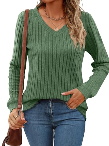 Titimiss Damen V-Ausschnitt Pullover Herbst Langarmshirt Lässige Strickpullover Langarm Tunika Tops A Armeegrün M von Titimiss