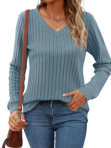 Titimiss Damen V-Ausschnitt Pullover Herbst Langarmshirt Lässige Strickpullover Langarm Tunika Tops A Blau XXL von Titimiss