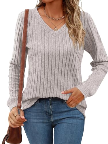 Titimiss Damen V-Ausschnitt Pullover Herbst Langarmshirt Lässige Strickpullover Langarm Tunika Tops A Grau XXL von Titimiss