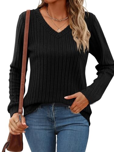 Titimiss Damen V-Ausschnitt Pullover Herbst Langarmshirt Lässige Strickpullover Langarm Tunika Tops A Schwarz XXL von Titimiss