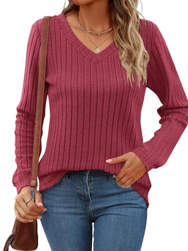 Titimiss Damen V-Ausschnitt Pullover Herbst Langarmshirt Lässige Strickpullover Langarm Tunika Tops A Weinrot XXL von Titimiss
