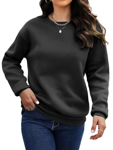 Titimiss Sweatshirt Damen Ohne Kapuze Pullover Basic Fleecepullover Langarmshirt Herbst Winter Rundhals Pulli Casual Oberteile Tops mit Taschen A Schwarz M von Titimiss