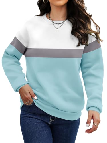 Titimiss Sweatshirt Damen Pullover Herbst Winter Fleecepullover Langarm Rundhals Oberteile Farbblock Casual Langarmshirt mit Taschen B Blau XXL von Titimiss