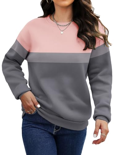 Titimiss Sweatshirt Damen Pullover Herbst Winter Fleecepullover Langarm Rundhals Oberteile Farbblock Casual Langarmshirt mit Taschen B Dunkelgrau L von Titimiss
