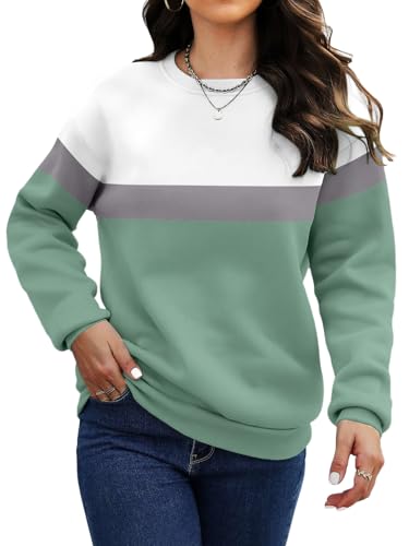 Titimiss Sweatshirt Damen Pullover Herbst Winter Fleecepullover Langarm Rundhals Oberteile Farbblock Casual Langarmshirt mit Taschen B Grün XL von Titimiss