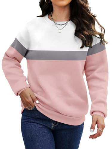 Titimiss Sweatshirt Damen Pullover Herbst Winter Fleecepullover Langarm Rundhals Oberteile Farbblock Casual Langarmshirt mit Taschen B Rosa XXL von Titimiss