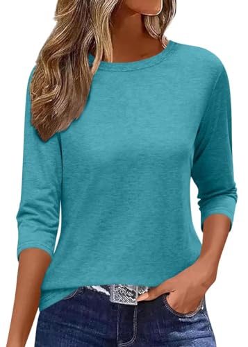 Titimiss Tshirt Damen 3/4 Arm Shirt Sommer Oberteile Klassische Basic Tops Casual Rundhals Bluse Türkis M von Titimiss
