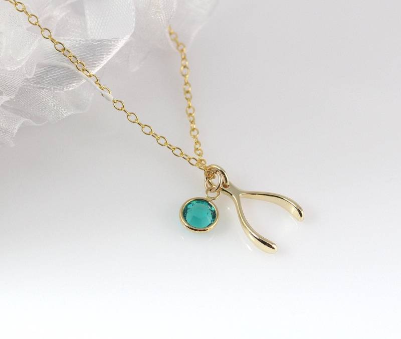 10K Gold Wishbone Halskette Birthstone Oder Initial Charm Über Sterling Silber Wunsch. Glücksbringer. Wählen Sie Kette von TitinaJewelry
