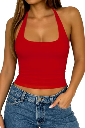 TiulZial Damen Halter Tops Racerback Tank Tops Niedlich Quadratischer Ausschnitt Ärmellos Basic Crop Top(Red,S) von TiulZial