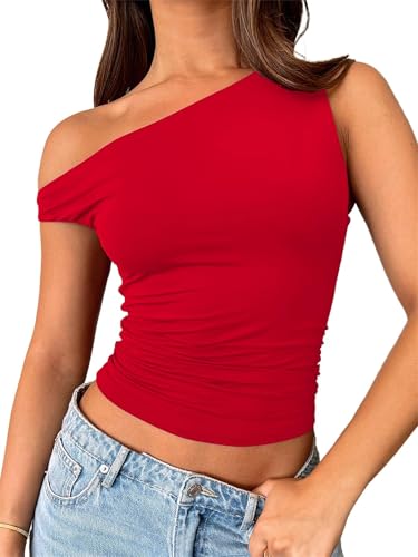 TiulZial Damen Schulterfrei Tops Ärmellos Ausgehen Crop Tank Tops Slim Fitted Shirts Sommer Outfits Y2K Cute Tops(Red,L) von TiulZial