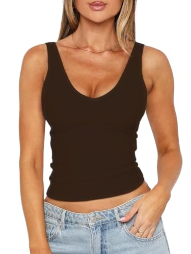 TiulZial Damen V Ausschnitt Ärmellos Rückenfreies Tank Top Slim Fit Ausgehen Crop Tops Double Layer Basic Casual Outfits(Dark Brown,L) von TiulZial
