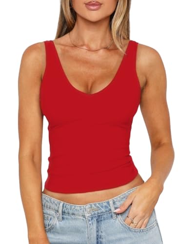 TiulZial Damen V Ausschnitt Ärmellos Rückenfreies Tank Top Slim Fit Ausgehen Crop Tops Double Layer Basic Casual Outfits(Red,M) von TiulZial