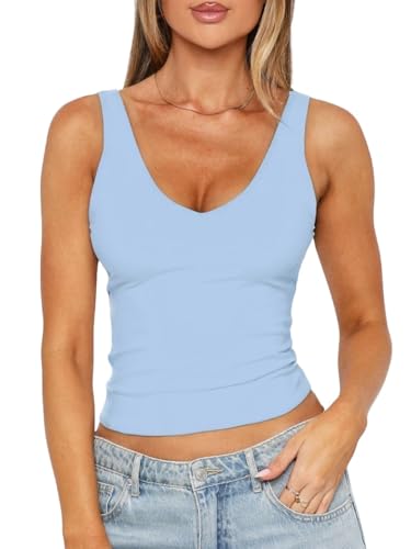 TiulZial Damen V Ausschnitt Ärmellos Rückenfreies Tank Top Slim Fit Ausgehen Crop Tops Double Layer Basic Casual Outfits(Sky Blue,L) von TiulZial