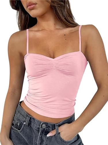 TiulZial Damen ärmelloses herzförmiger Ausschnitt Crop Tank Tops rückenfrei Spaghettiträger Plissee Bustier Y2K Camis Ausgehen Top(Rosa,XS) von TiulZial