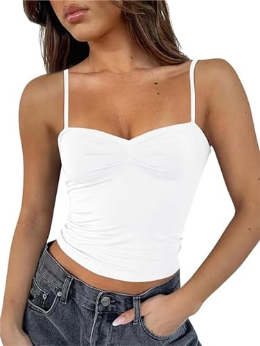 TiulZial Damen ärmelloses herzförmiger Ausschnitt Crop Tank Tops rückenfrei Spaghettiträger Plissee Bustier Y2K Camis Ausgehen Top(Weiß,L) von TiulZial