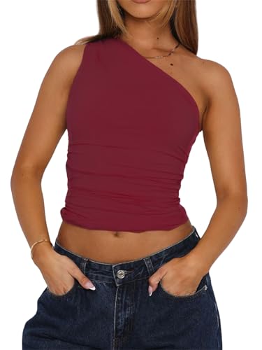 TiulZial Damen eine Schulter Ausgehen Crop Tank Tops Slim Fit ärmellose Shirts Y2k Cute Top(Burgundy,S) von TiulZial