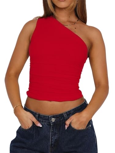 TiulZial Damen eine Schulter Ausgehen Crop Tank Tops Slim Fit ärmellose Shirts Y2k Cute Top(Red,L) von TiulZial