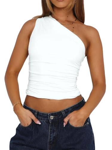TiulZial Damen eine Schulter Ausgehen Crop Tank Tops Slim Fit ärmellose Shirts Y2k Cute Top(White,XS) von TiulZial