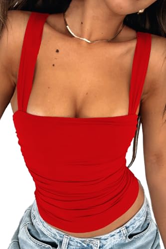 TiulZial Quadratischer Ausschnitt Tank Top Damen - Doppelt gefüttert Ausgehen Tops Sommer Gerüscht Rückenfrei Crop Strappy Niedlich(Red,S) von TiulZial