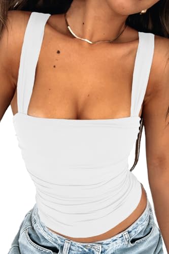 TiulZial Quadratischer Ausschnitt Tank Top Damen - Doppelt gefüttert Ausgehen Tops Sommer Gerüscht Rückenfrei Crop Strappy Niedlich(White,XS) von TiulZial