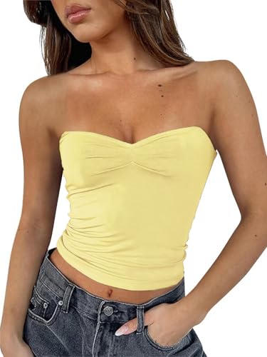 TiulZial Tube Top für Frauen - Sommer Ausgehen Trägerlos Crop Tank Top Gerüscht Doppelt Gefüttert Y2K (Gelb,L) von TiulZial