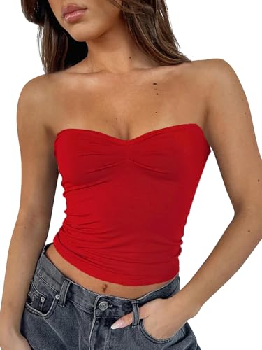 TiulZial Tube Top für Frauen - Sommer Ausgehen Trägerlos Crop Tank Top Gerüscht Doppelt Gefüttert Y2K (Rot,XS) von TiulZial