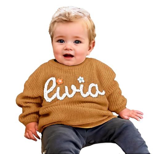 Tivhelrf Handgefertigter Baby-Strickpullover mit individuell besticktem Namen oder Monogramm, Mädchen, Jungen, Kleinkinder und Kinder 0-6M Braun von Tivhelrf