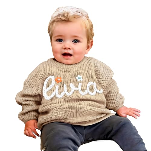 Tivhelrf Handgefertigter Baby-Strickpullover mit individuell besticktem Namen oder Monogramm, Mädchen, Jungen, Kleinkinder und Kinder 0-6M Khaki von Tivhelrf