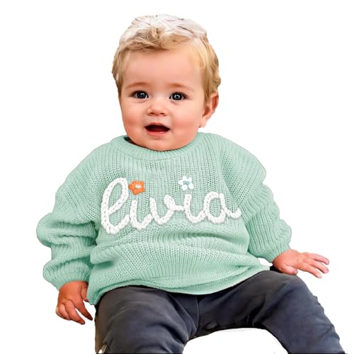 Tivhelrf Handgefertigter Baby-Strickpullover mit individuell besticktem Namen oder Monogramm, Mädchen, Jungen, Kleinkinder und Kinder 12-18M Hellgrün von Tivhelrf