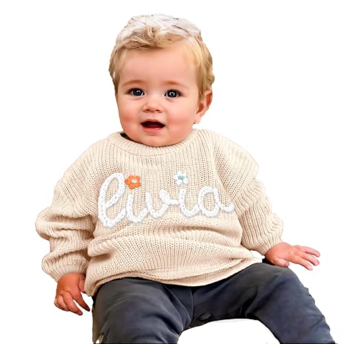 Tivhelrf Handgefertigter Baby-Strickpullover mit individuell besticktem Namen oder Monogramm, Mädchen, Jungen, Kleinkinder und Kinder 12-18M Hellkhaki von Tivhelrf