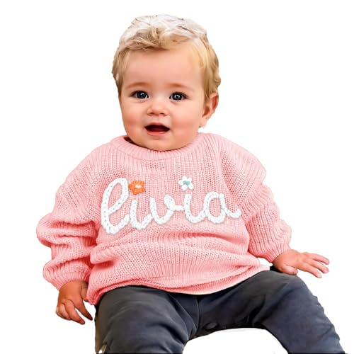 Tivhelrf Handgefertigter Baby-Strickpullover mit individuell besticktem Namen oder Monogramm, Mädchen, Jungen, Kleinkinder und Kinder 12-18M Rosa von Tivhelrf