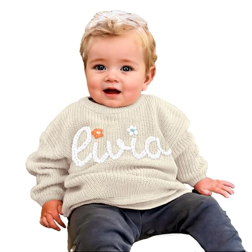 Tivhelrf Handgefertigter Baby-Strickpullover mit individuell besticktem Namen oder Monogramm, Mädchen, Jungen, Kleinkinder und Kinder 6-12M Gesprenkeltes Weiß von Tivhelrf