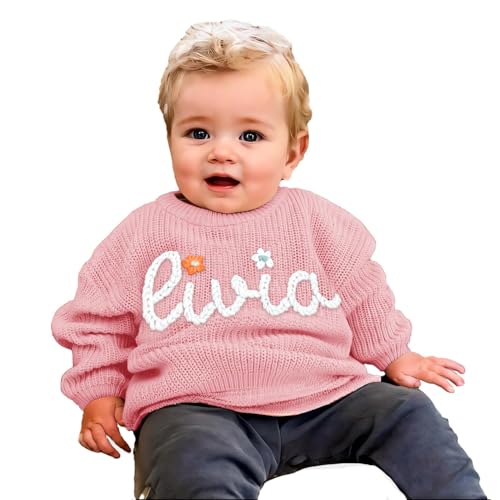 Tivhelrf Handgefertigter Baby-Strickpullover mit individuell besticktem Namen oder Monogramm, Mädchen, Jungen, Kleinkinder und Kinder 6-12M Rose von Tivhelrf