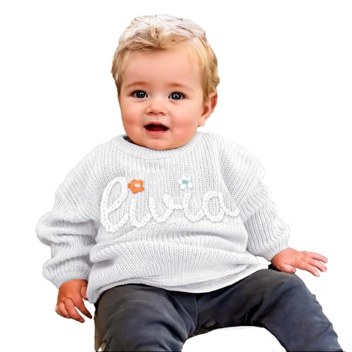 Tivhelrf Handgefertigter Baby-Strickpullover mit individuell besticktem Namen oder Monogramm, Mädchen, Jungen, Kleinkinder und Kinder 6-12M Weiß von Tivhelrf