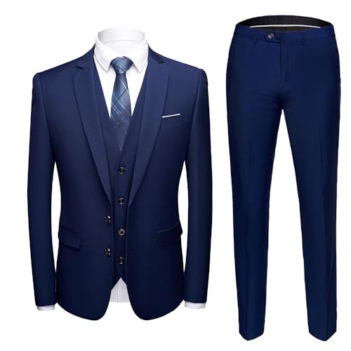 Herren Blazer 3-teilig Fitted Prom Party Single Breasted formeller Anzug Button Regular Business Solid Anzüge (Marineblau,52) von Tiwate