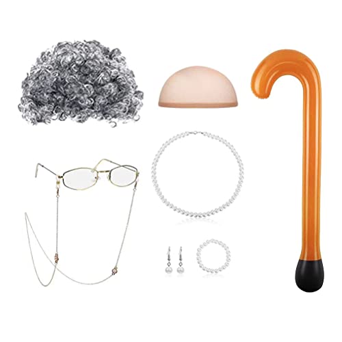 Oma Cosplay Prop Set Zubehör Oma Perücke Grau Alte Dame Kostüm (Schwiegermutter-Perücken-Set) von Tixiyu