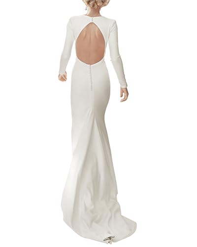 Tixlear Meerjungfrau Rückenfrei Satin Brautkleider für Braut Langarm Brautkleid Einfaches Verlobungskleid mit Schleppe 2024, Elfenbein, 42 von Tixlear