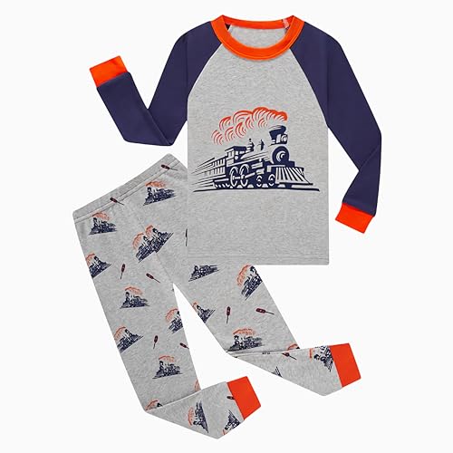 Tkiames Pyjama für Jungen, LKW, Dinosaurier, Kinder-Pjs mit langen Ärmeln, Nachtwäsche Gr. 5 Jahre, Orange von Tkiames