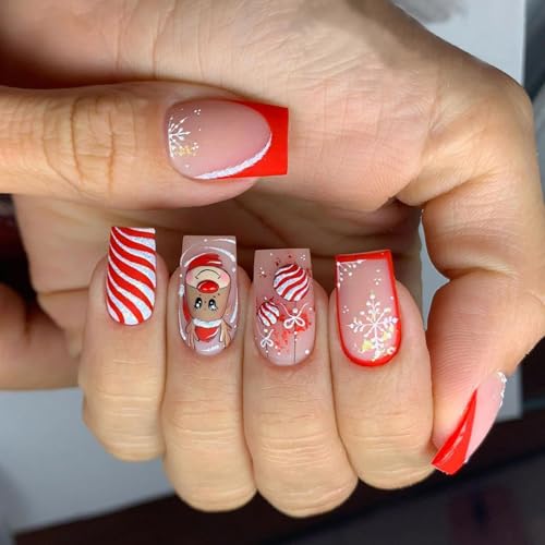 Cartoon Elks Full Covers Stick On Nails Stripes Artificial Snowflake False Christmas Press For Women Christmas Press White Snowflake False Full Cover Stick von Tkidplw