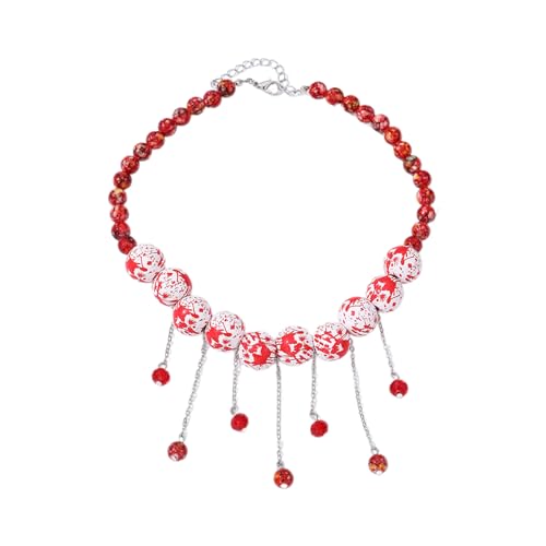 Gotische rote Perlen-Quasten-Halskette, Halloween-Perlenhalsband, modische Schlüsselbeinkette, Y2K, Schmuckzubehör, Schlüsselbeinkette, einzigartiges Design, Party, verstellbare Länge von Tkidplw