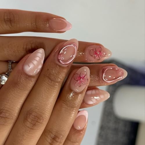 Künstliche Nägel zum Aufdrücken, glänzende Acryl-Nägel mit Blumen-Design, 12 Größen, französische Spitzen für Damen, Sarg, Mandel, französische Spitze, 24 Stück von Tkidplw