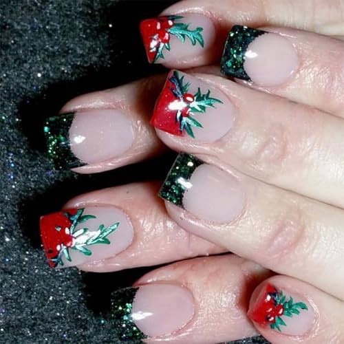 Weihnachten Full Covers Stick On Nails French Tip Press Short Square False Artificial For Winter French Tip False Christmas Press Short Square Artificial von Tkidplw
