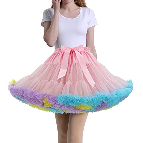 Tmade Damen Tüll Petticoat Tutu Party Mehrlagiger Puffy Cosplay Rock, Pink+Multicolor, Länge 40cm, Taille 56-100cm von Tmade