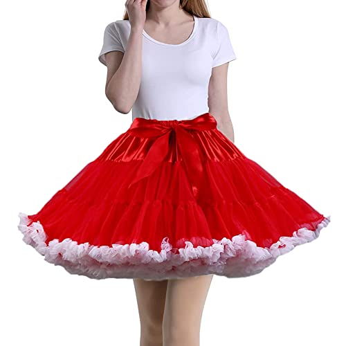 Tmade Damen Tüll Petticoat Tutu Party Mehrschichtiger Puffy Cosplay Rock, RotWeiß, Länge 40cm, Taille 56-100cm von Tmade