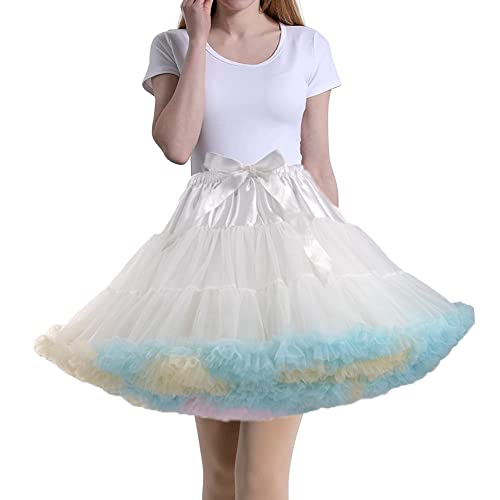 Tmade Damen Tüll Petticoat Tutu Party Mehrschichtiger Puffy Cosplay Rock, Weiß + Mehrfarbig, Länge 40 cm, Taille 56-100 cm von Tmade