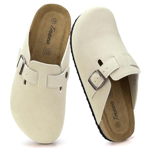 Tmaza Clogs Damen Pantoletten Wildleder Geschlossen Hausschuhe Rutschfester Komfort Kartoffelschuhe für Frauen Beige 36 EU von Tmaza