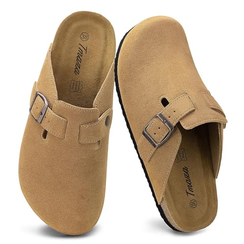 Tmaza Clogs Damen Pantoletten Wildleder Geschlossen Hausschuhe Rutschfester Komfort Kartoffelschuhe für Frauen Braun 37 EU von Tmaza