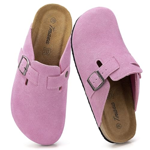 Tmaza Clogs Damen Pantoletten Wildleder Geschlossen Hausschuhe Rutschfester Komfort Kartoffelschuhe für Frauen Rosa 41 EU von Tmaza